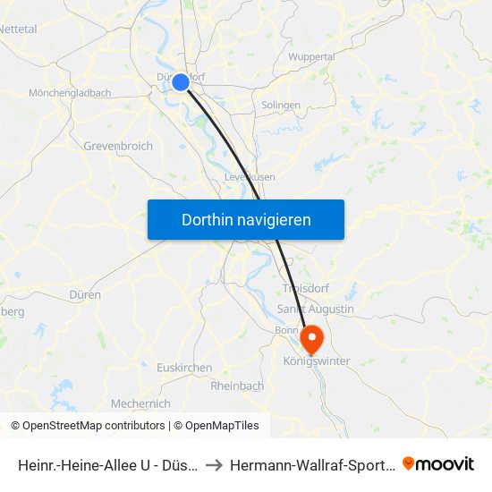 Heinr.-Heine-Allee U - Düsseldorf to Hermann-Wallraf-Sportanlage map