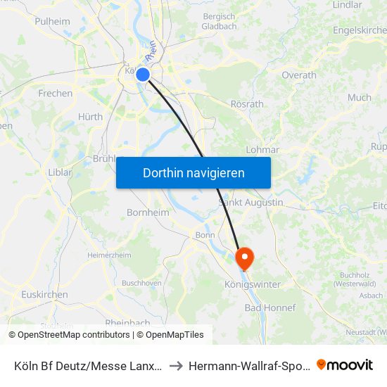 Köln Bf Deutz/Messe Lanxess Arena to Hermann-Wallraf-Sportanlage map