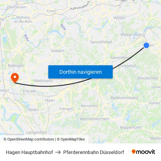 Hagen Hauptbahnhof to Pferderennbahn Düsseldorf map