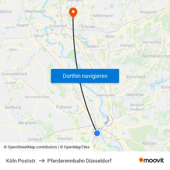 Köln Poststr. to Pferderennbahn Düsseldorf map