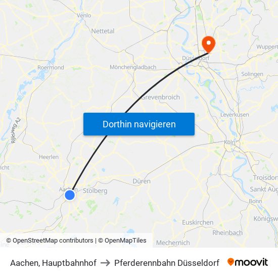 Aachen, Hauptbahnhof to Pferderennbahn Düsseldorf map