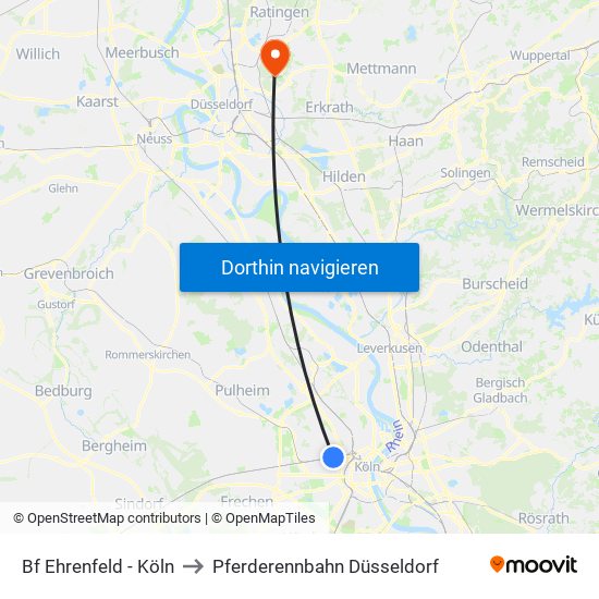 Bf Ehrenfeld - Köln to Pferderennbahn Düsseldorf map