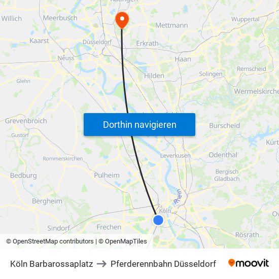 Köln Barbarossaplatz to Pferderennbahn Düsseldorf map