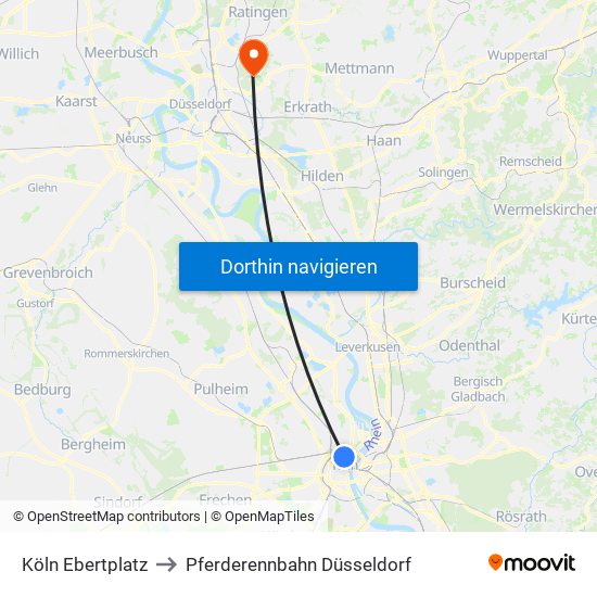 Köln Ebertplatz to Pferderennbahn Düsseldorf map