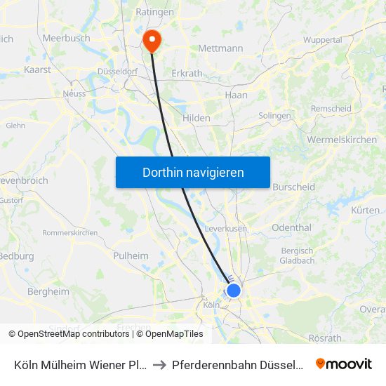 Köln Mülheim Wiener Platz to Pferderennbahn Düsseldorf map