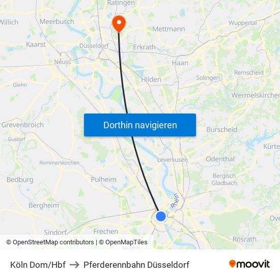 Köln Dom/Hbf to Pferderennbahn Düsseldorf map