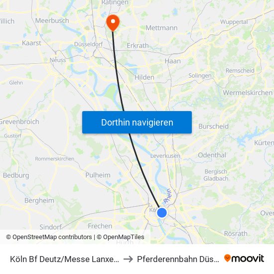 Köln Bf Deutz/Messe Lanxess Arena to Pferderennbahn Düsseldorf map
