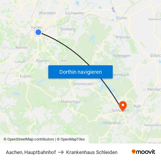 Aachen, Hauptbahnhof to Krankenhaus Schleiden map