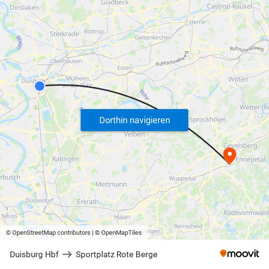 Duisburg Hbf to Sportplatz Rote Berge map