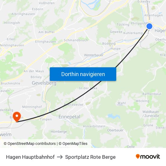 Hagen Hauptbahnhof to Sportplatz Rote Berge map