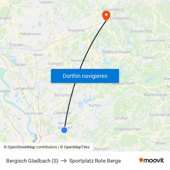 Bergisch Gladbach (S) to Sportplatz Rote Berge map