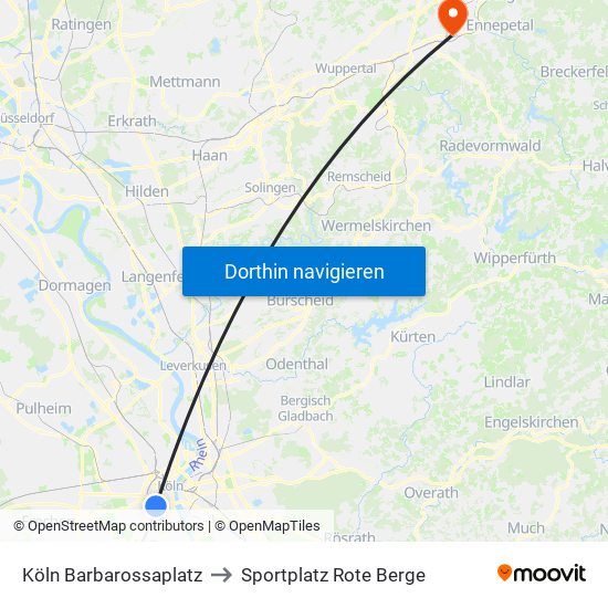 Köln Barbarossaplatz to Sportplatz Rote Berge map