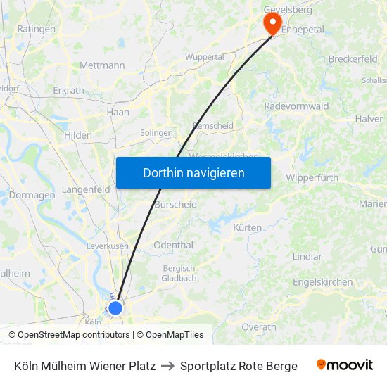 Köln Mülheim Wiener Platz to Sportplatz Rote Berge map