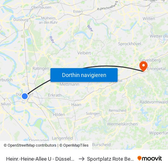 Heinr.-Heine-Allee U - Düsseldorf to Sportplatz Rote Berge map