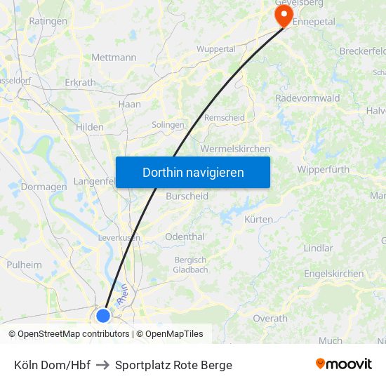 Köln Dom/Hbf to Sportplatz Rote Berge map