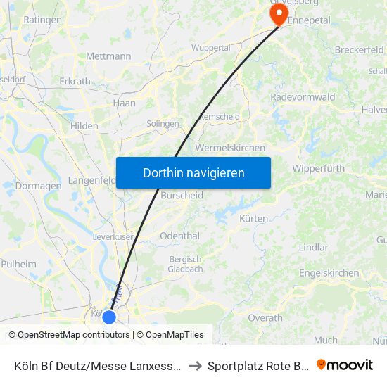 Köln Bf Deutz/Messe Lanxess Arena to Sportplatz Rote Berge map