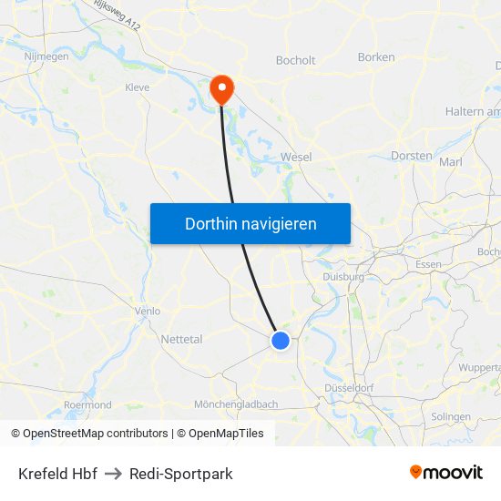 Krefeld Hbf to Redi-Sportpark map
