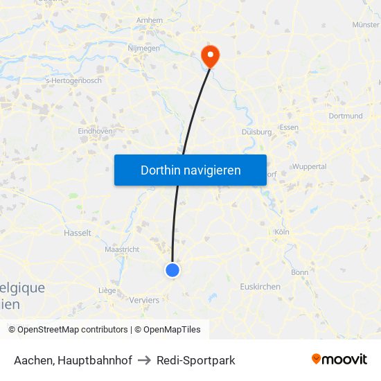 Aachen, Hauptbahnhof to Redi-Sportpark map