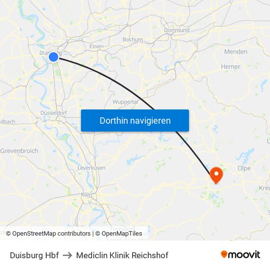 Duisburg Hbf to Mediclin Klinik Reichshof map