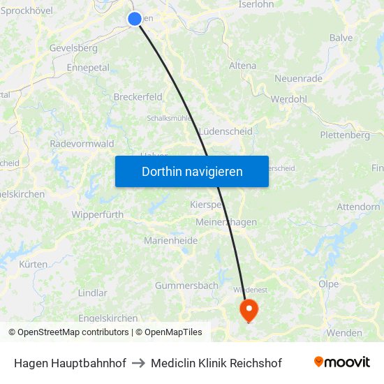 Hagen Hauptbahnhof to Mediclin Klinik Reichshof map