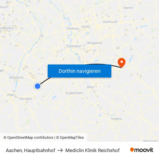 Aachen, Hauptbahnhof to Mediclin Klinik Reichshof map