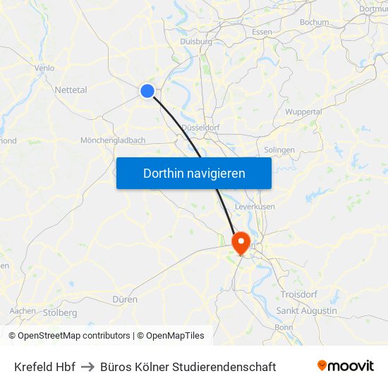 Krefeld Hbf to Büros Kölner Studierendenschaft map