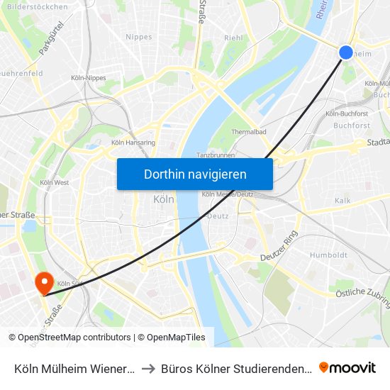 Köln Mülheim Wiener Platz to Büros Kölner Studierendenschaft map