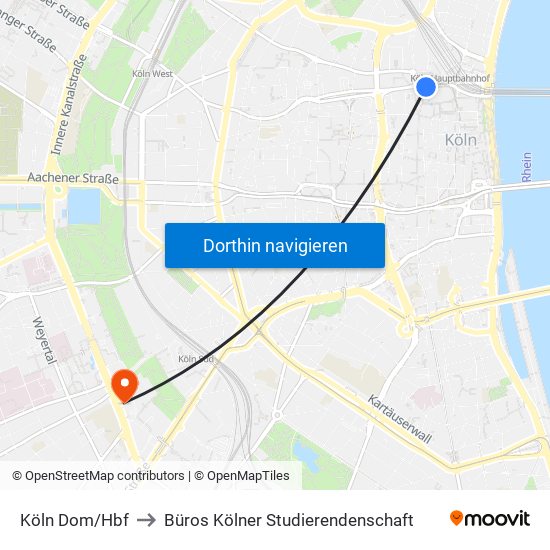 Köln Dom/Hbf to Büros Kölner Studierendenschaft map