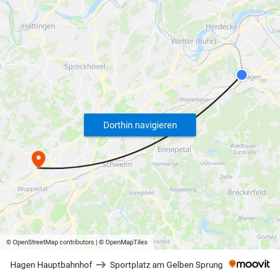 Hagen Hauptbahnhof to Sportplatz am Gelben Sprung map