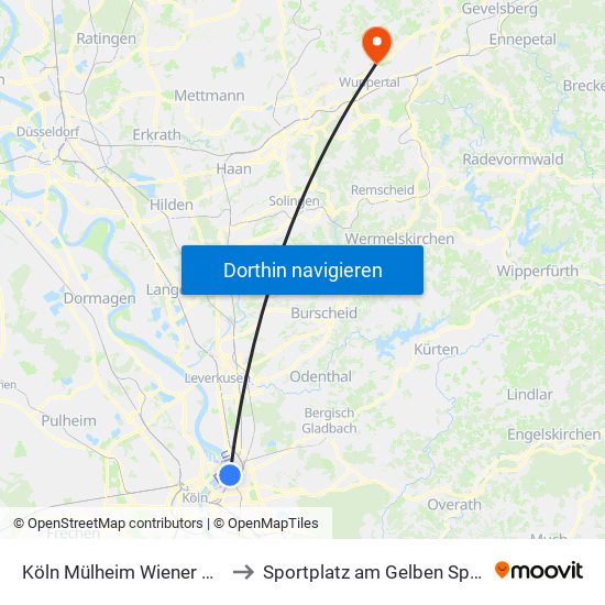 Köln Mülheim Wiener Platz to Sportplatz am Gelben Sprung map