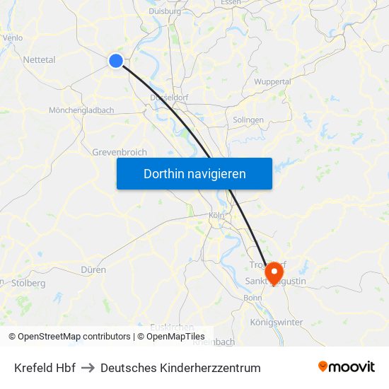 Krefeld Hbf to Deutsches Kinderherzzentrum map