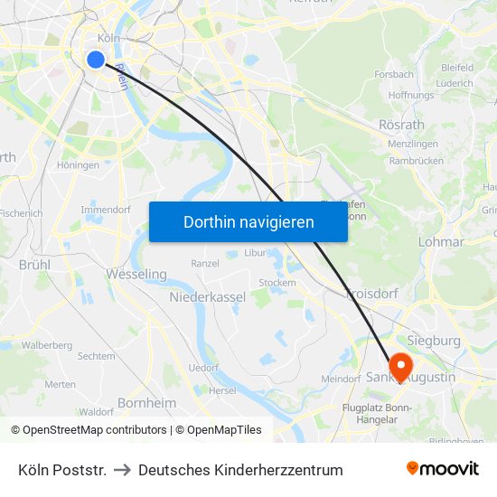 Köln Poststr. to Deutsches Kinderherzzentrum map