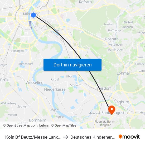 Köln Bf Deutz/Messe Lanxess Arena to Deutsches Kinderherzzentrum map