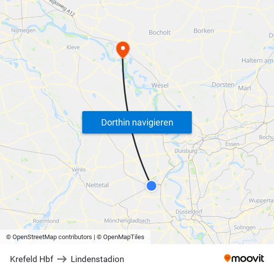 Krefeld Hbf to Lindenstadion map