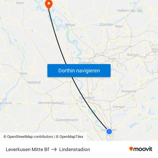 Leverkusen Mitte Bf to Lindenstadion map