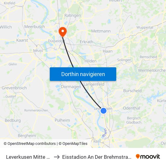 Leverkusen Mitte Bf to Eisstadion An Der Brehmstraße map