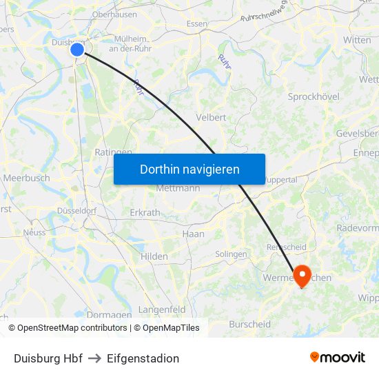 Duisburg Hbf to Eifgenstadion map