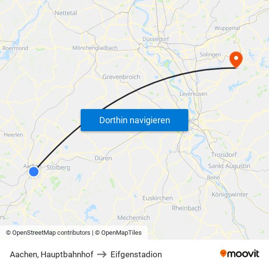 Aachen, Hauptbahnhof to Eifgenstadion map