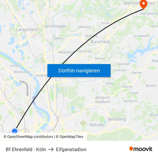 Bf Ehrenfeld - Köln to Eifgenstadion map