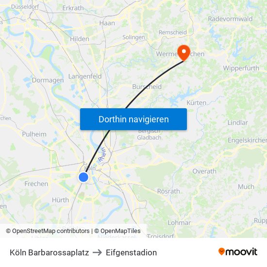 Köln Barbarossaplatz to Eifgenstadion map