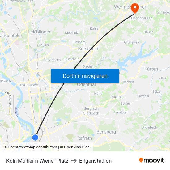 Köln Mülheim Wiener Platz to Eifgenstadion map