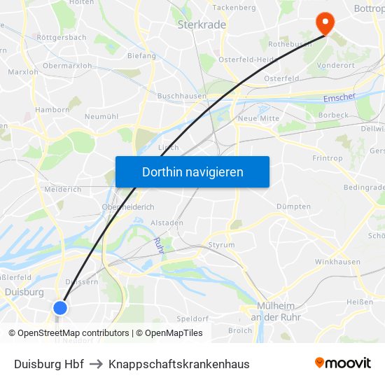 Duisburg Hbf to Knappschaftskrankenhaus map