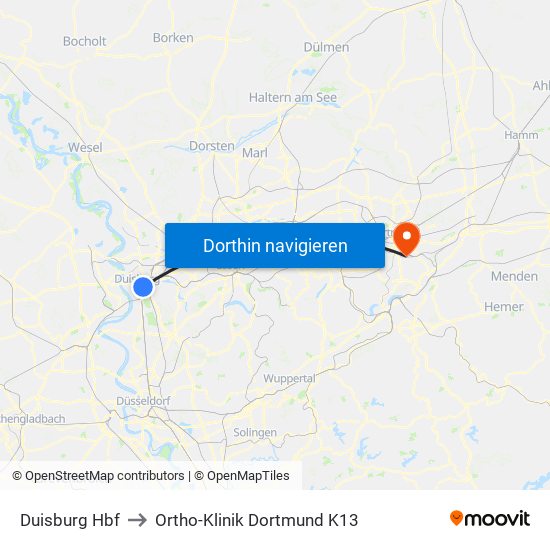 Duisburg Hbf to Ortho-Klinik Dortmund K13 map