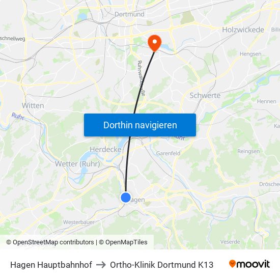 Hagen Hauptbahnhof to Ortho-Klinik Dortmund K13 map