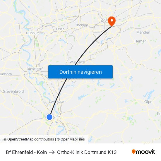 Bf Ehrenfeld - Köln to Ortho-Klinik Dortmund K13 map