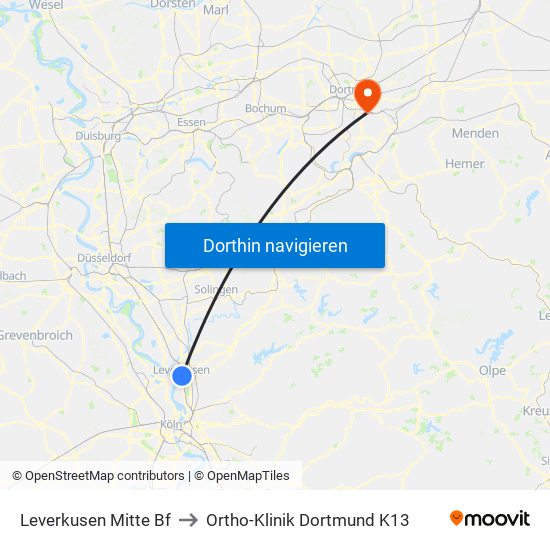 Leverkusen Mitte Bf to Ortho-Klinik Dortmund K13 map