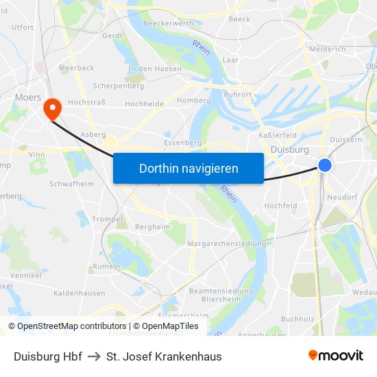 Duisburg Hbf to St. Josef Krankenhaus map