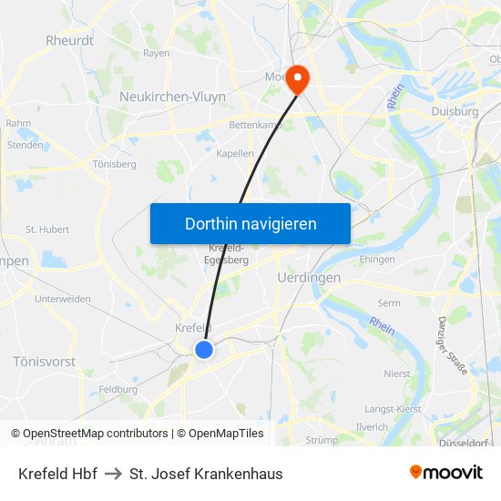 Krefeld Hbf to St. Josef Krankenhaus map