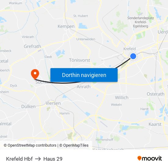 Krefeld Hbf to Haus 29 map