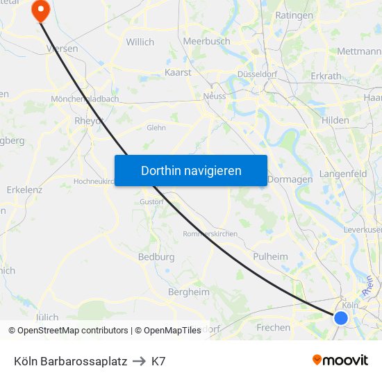 Köln Barbarossaplatz to K7 map